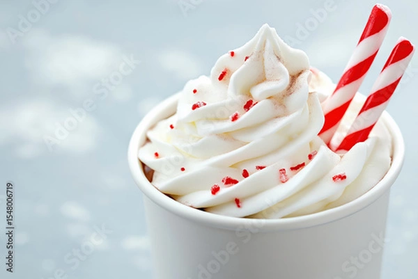 Obraz Creamy holiday beverage with whipped topping and red sprinkles.