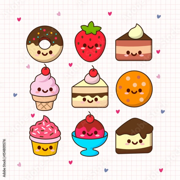 Obraz Cute kawaii food icons on checkered paper background