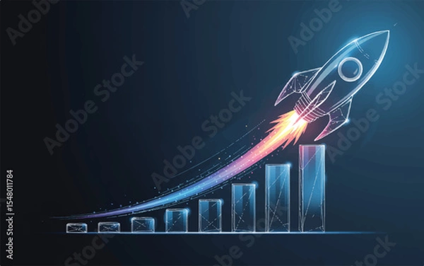 Fototapeta Rocket Launch Growth Chart: A vibrant, dynamic illustration depicts a rocket soaring upwards, its trajectory mirroring a rapidly ascending growth chart.