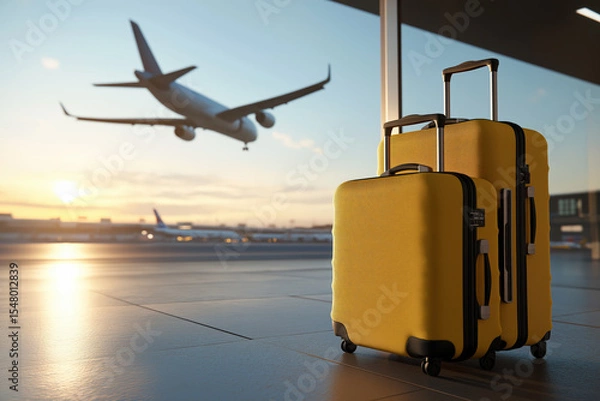 Obraz Suitcases at an airport terminal with a plane taking off in the background during sunrise