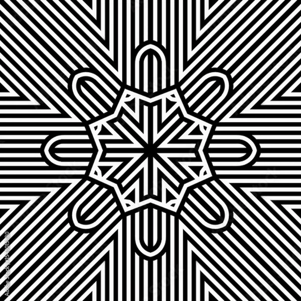 Fototapeta Complex geometric design showcases alternating black and white lines forming a symmetrical pattern with star-like shapes