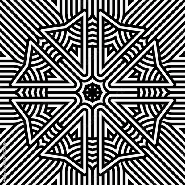 Fototapeta Complex geometric design with sharp lines creating a star motif at the center, surrounded by contrasting patterns in black and white