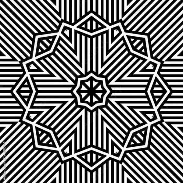 Obraz A complex design featuring a central star shape, surrounded by an array of diagonal lines and geometric elements, creating an illusion of depth