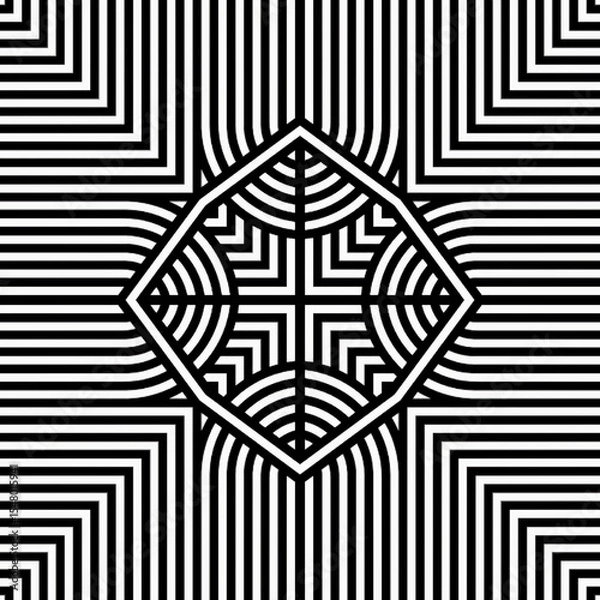 Obraz Intricate black and white geometric lines form a central diamond shape surrounded by concentric patterns, creating a captivating illusion