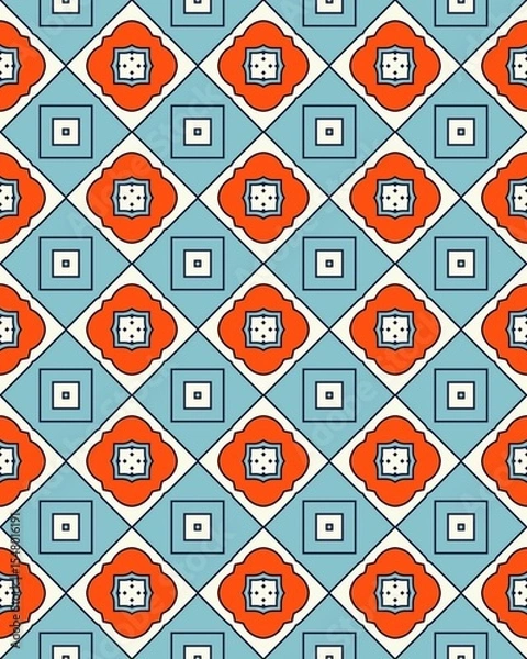 Obraz Geometric pattern showcases interlocking shapes in blue, red, and white, ideal for textiles, wallpapers, and home decor