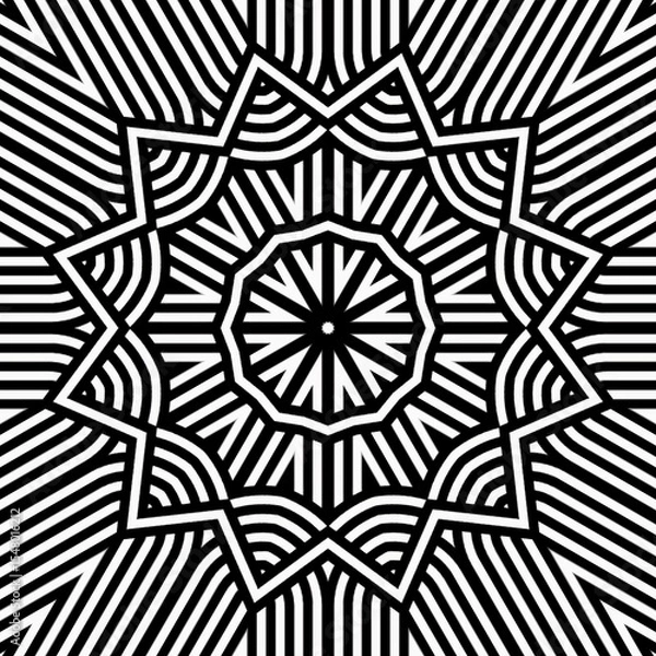 Obraz Symmetrical design features a series of black and white lines creating a star-like shape with sharp angles and a captivating pattern