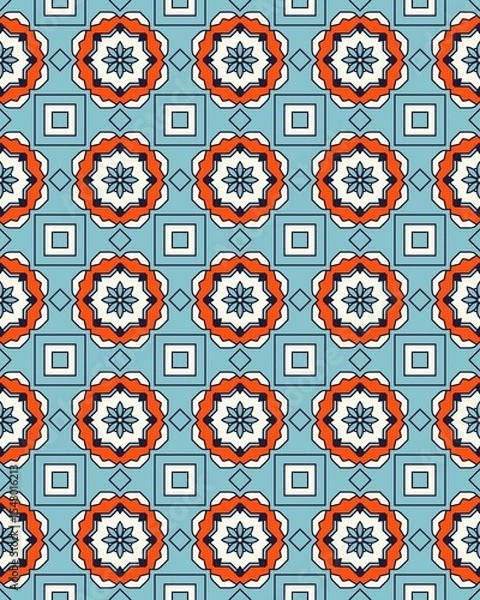 Obraz This seamless pattern showcases vivid floral designs interspersed with geometric shapes, perfect for textile or graphic applications