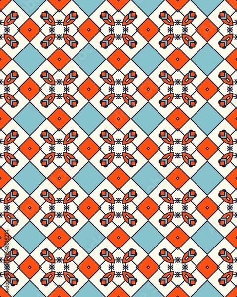Fototapeta Intricate geometric pattern showcases orange diamonds and floral designs against a serene blue backdrop, ideal for various creative applications