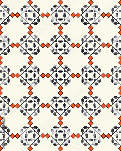Obraz The design showcases intricate geometric shapes interwoven with floral and leaf motifs, creating a vibrant and cohesive seamless pattern