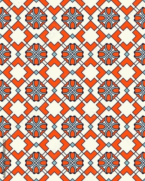 Fototapeta Colorful geometric design featuring orange and blue floral elements arranged in a repetitive pattern on a cream backdrop