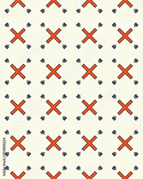Fototapeta This seamless pattern showcases a dynamic arrangement of red crosses and blue hands set against a light cream background, perfect for textiles