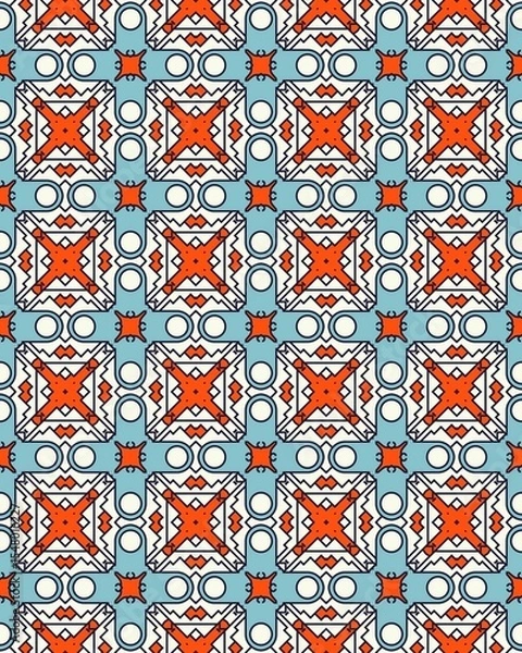 Fototapeta Colorful geometric shapes create a seamless pattern with orange stars and blue circles suitable for textiles and home decor