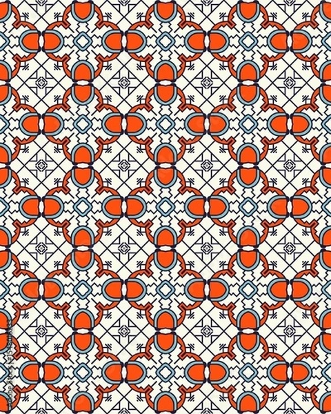 Fototapeta This seamless pattern features vibrant orange and blue shapes arranged in a geometric design on a white background, ideal for fabric or decor