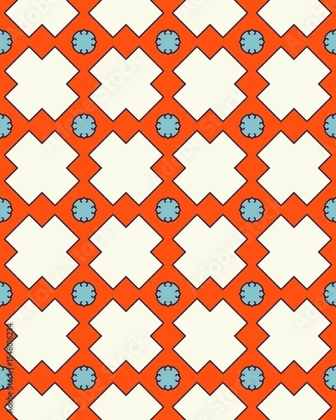 Obraz This seamless pattern showcases a vibrant design of blue flowers and diamond shapes in orange, creating a striking visual effect