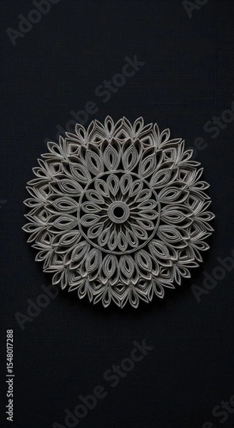Fototapeta Intricate paper-cut mandala, circular design, grey tones, artistic craft, detailed artwork.