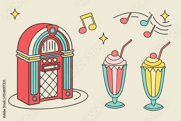 Fototapeta 1950s diner retro vector graphics jukebox and more