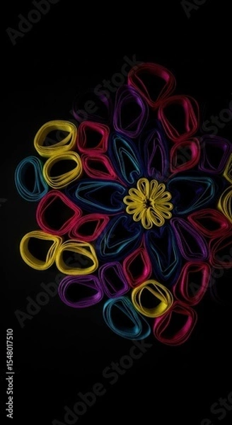 Fototapeta Vibrant, colorful, paper-crafted flower design on a dark background.