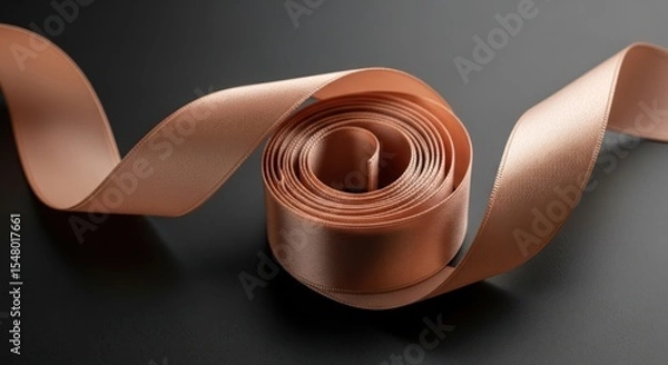 Obraz A softly curved roll of rose-gold satin ribbon elegantly displayed on a dark background.