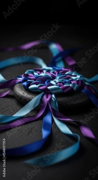 Fototapeta Close-up of a colorful ribbon craft project, intricately woven on a dark stone surface.
