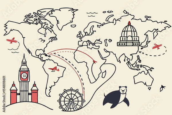 Fototapeta Hand drawn quirky world map with colorful landmarks