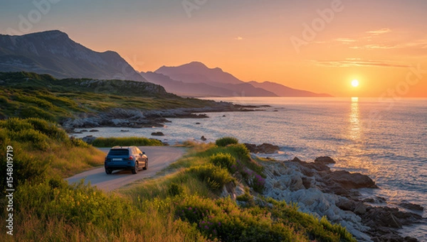 Fototapeta A blue SUV navigates a winding coastal road at sunset, with a stunning ocean view and sun-kissed sky, captured with dynamic motion blur, ideal for travel and adventure themes.

