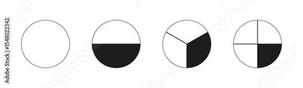 Fototapeta Round divided diagrams with from one to four segments. Circle division on from 1 to 4 equal parts. Infographic samples. Coaching blank. Outline graphics. Pizza, pie charts. Segmented black pinwheel.