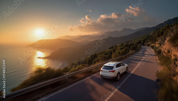 Fototapeta A white SUV drives dynamically on a winding coastal road at sunset, with a stunning ocean view, mountains, and sun-kissed sky, perfect for travel and adventure.