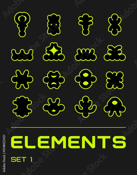 Fototapeta Rave futuristic shapes set. Surreal geometric shapes, abstract backgrounds and patterns, wireframe, cyberpunk elements. Vector elements and signs in trendy style.