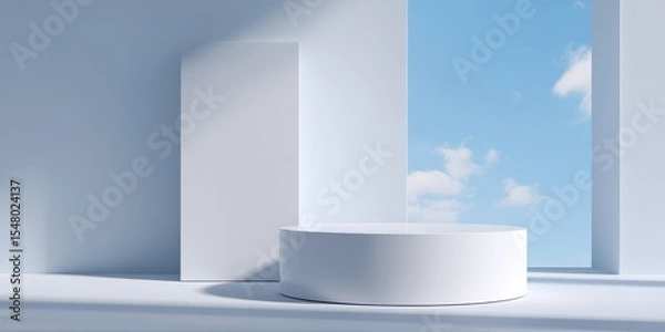 Fototapeta A minimal white round podium elegantly positioned in soft daylight, ideal for beauty or product mockup backgrounds.