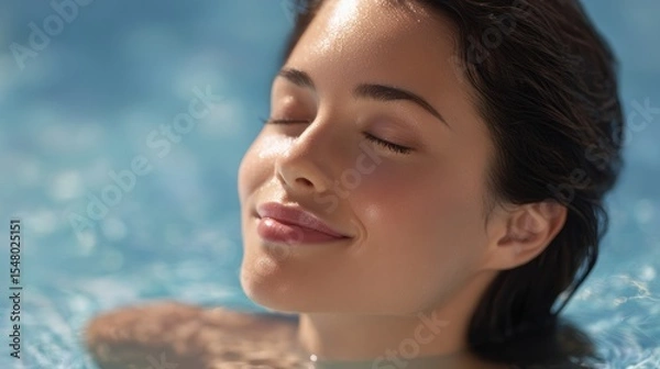 Fototapeta A serene woman with glowing skin enjoys a tranquil moment of relaxation in a sunlit pool