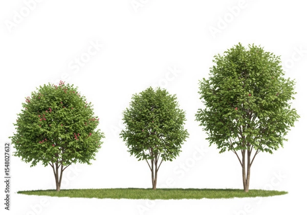 Fototapeta Three redbud trees of varying sizes on grass