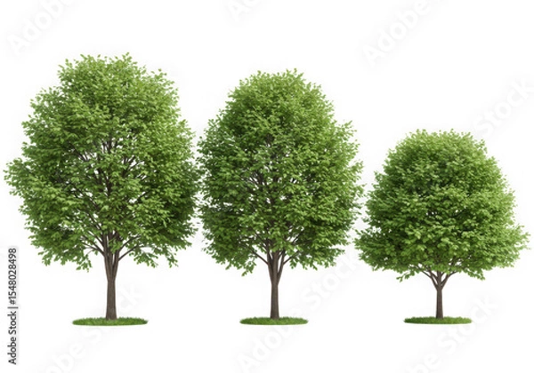Fototapeta Three green trees of varying sizes isolated on black