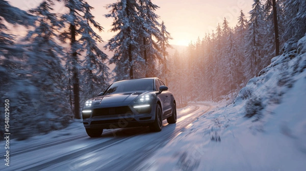 Fototapeta A black SUV with headlights on navigates a snowy forest road with motion blur, capturing the essence of winter adventure and challenging driving conditions under a bright sunset.

