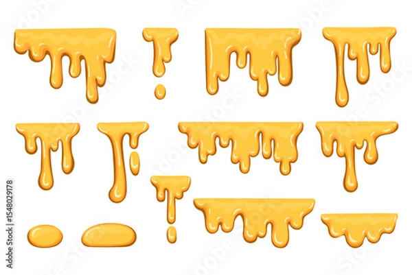 Fototapeta Sticky amber liquids, drops. Dripping melted honey sweet splash collection. Golden flow syrup fluid