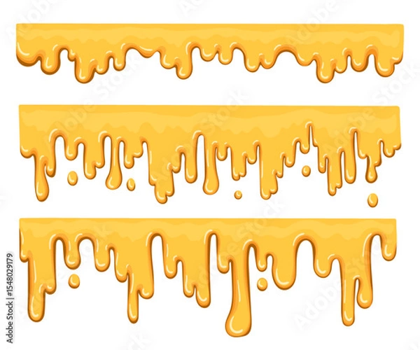 Fototapeta Sticky amber liquids, drops. Dripping melted honey sweet splash collection. Golden flow syrup fluid