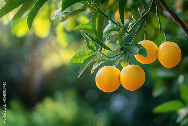 Obraz Close-up of orange fruit on a branch with a blurred garden background