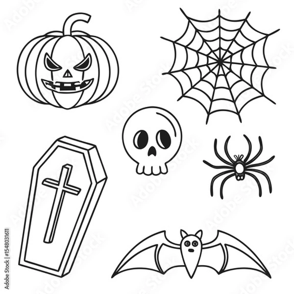 Fototapeta Flat vector Halloween icons featuring a pumpkin, a skull, a bat, a ghost, a witch hat, and spooky elements