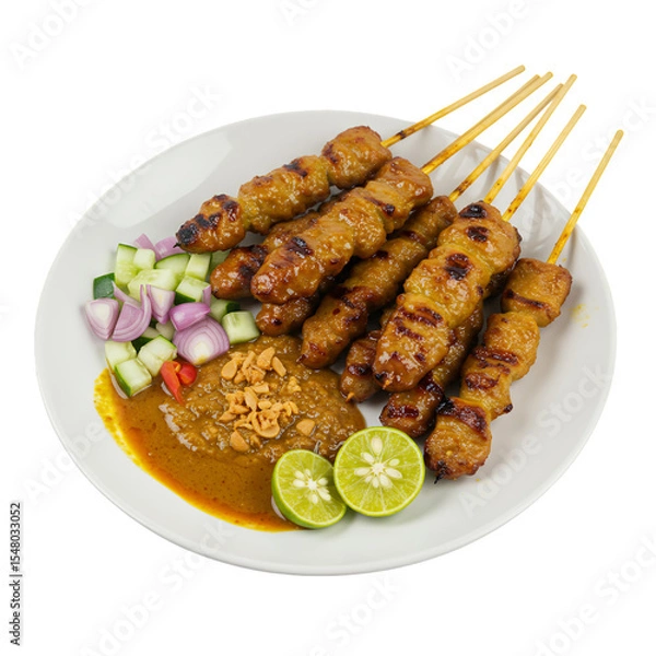 Fototapeta Grilled meat skewers with peanut sauce and cucumber relish on a white plate. Appetizing food photography with transparent background