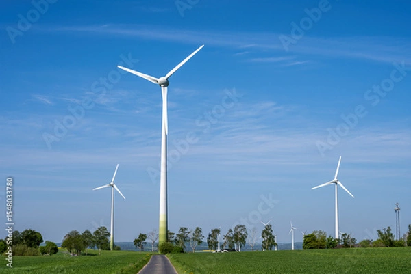 Obraz Modern wind turbines with a small country road seen in Germany