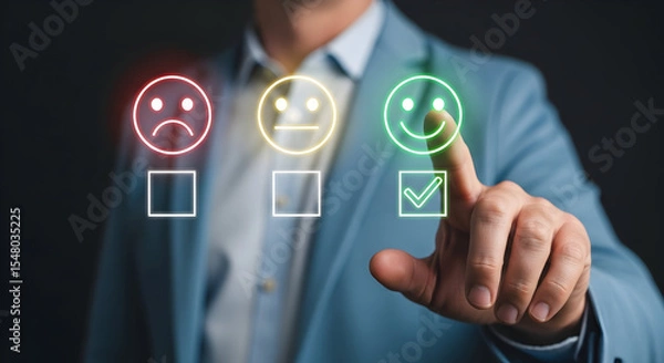Fototapeta Businessman Selecting Positive Customer Feedback Using Digital Emojis