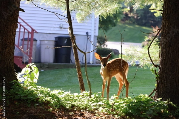 Fototapeta Curious fawn exploring a neigborhood