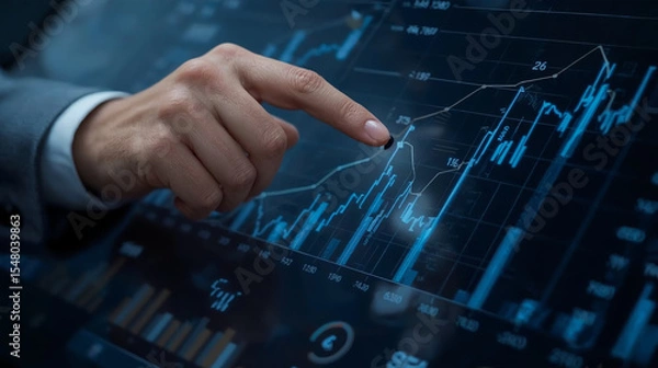 Fototapeta Financial management technology. Advisors use KPI Dashboards on virtual screens.