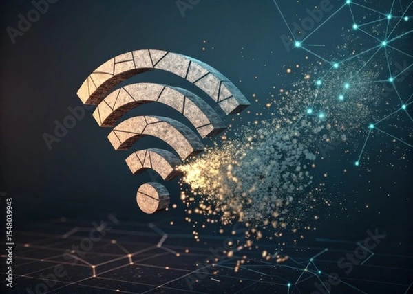 Fototapeta A fragmented WiFi symbol dissolves into a digital network of glowing nodes, symbolizing wireless connectivity and data transmission.