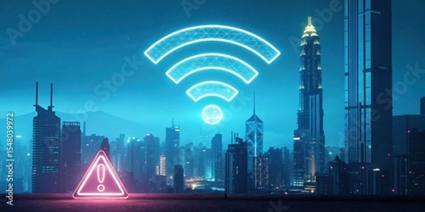 Fototapeta Neon Wi-Fi symbol and warning sign glowing over a futuristic city skyline at night.