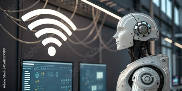Fototapeta A humanoid robot analyzes data on multiple screens with a large Wi-Fi symbol in the background, symbolizing AI connectivity and wireless technology.