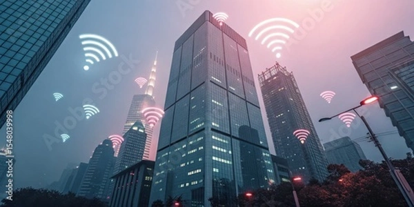 Fototapeta Modern city skyscrapers with glowing Wi-Fi symbols, illustrating urban connectivity and wireless communication technology.