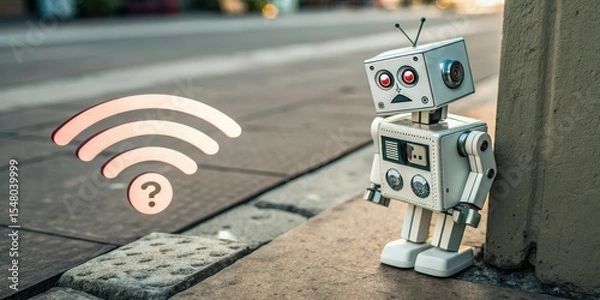 Fototapeta A small robot leans against a wall, looking confused at a Wi-Fi symbol with a question mark on the ground, symbolizing connectivity issues or technology problems.