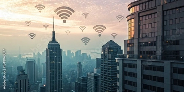 Fototapeta A city skyline at sunset with Wi-Fi icons floating above buildings, symbolizing urban connectivity and wireless communication.