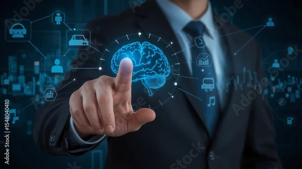 Fototapeta Businessman hand pointing data of brain digital. Artificial intelligence technology. Machine Learning business concept.
