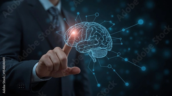 Fototapeta Businessman hand pointing data of brain digital. Artificial intelligence technology. Machine Learning business concept.